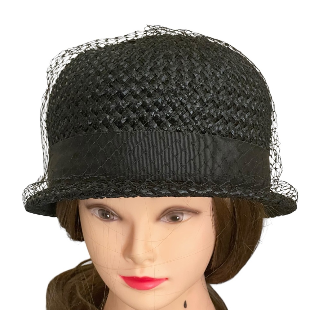 Vintage 20s 30s 40s Cloche Hat Raffia Straw Netting Ribbon Band Black Union Made